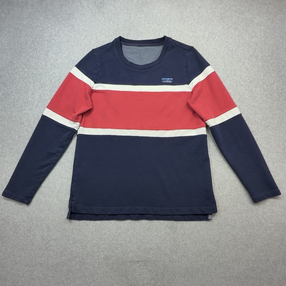 LL Bean Shirt Mens Medium Blue Red Stripe Colorblock Long Sleeve Crewneck Tee